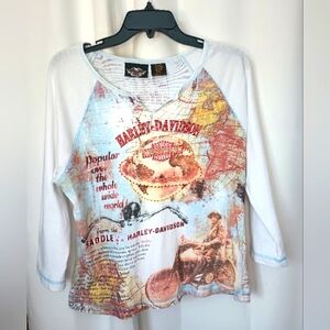 Harley Davidson Womens Y2K Graphic Baby Tee XL Rhinestone Two Sided Map Biker